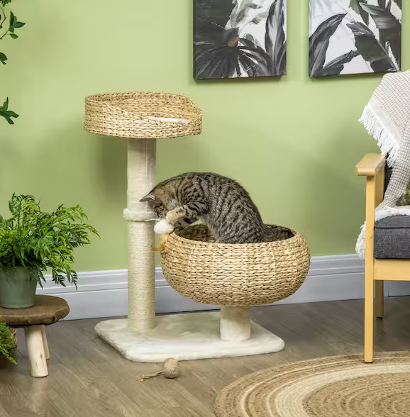 Cat Tree Activity Center with Cattail Beds and Scratching Post, Beige