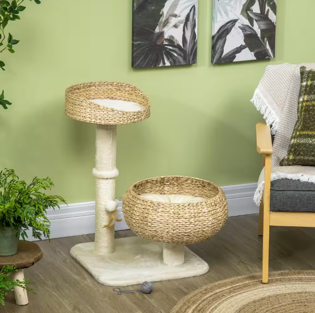 Cat Tree Activity Center with Cattail Beds and Scratching Post, Beige