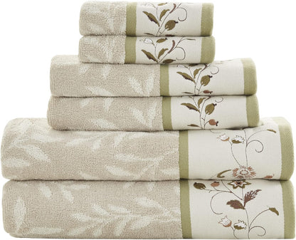 6-Piece Luxurious Floral Cotton Bath Towel Set with Embroidered Jacquard Design