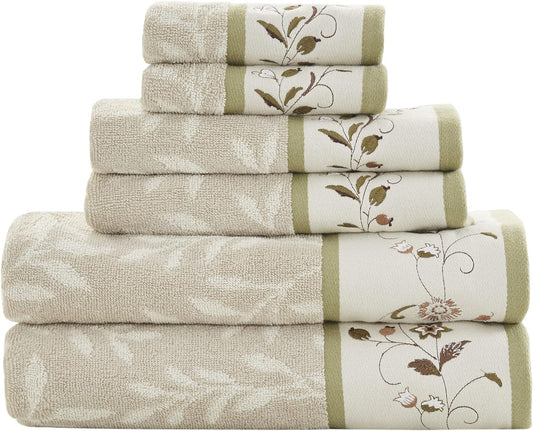 6-Piece Luxurious Floral Cotton Bath Towel Set with Embroidered Jacquard Design