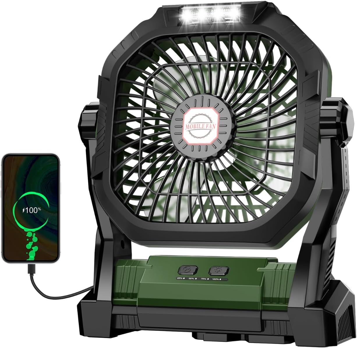 Rechargeable Camping Fan with LED Light & Hook - 20000mAh Battery, 4-Speed, 270° Adjustable