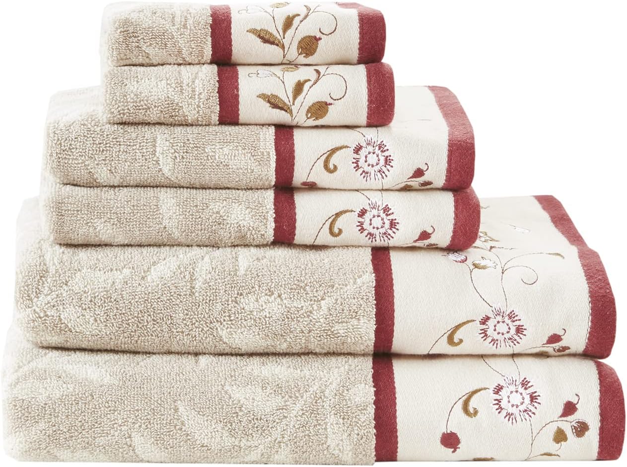 6-Piece Luxurious Floral Cotton Bath Towel Set with Embroidered Jacquard Design